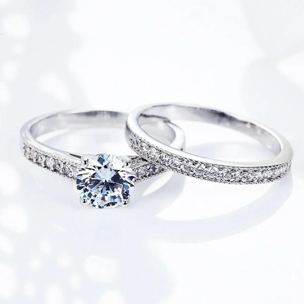 🔥925 Silver Plated 2 PCs CZ Lovely Wedding Couple Ring, GPMB1397